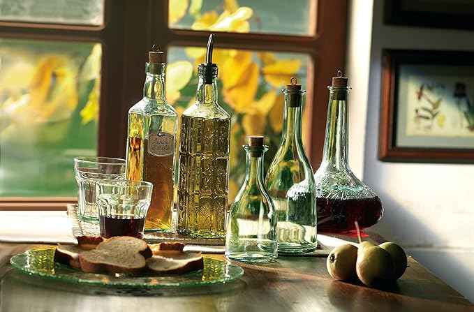 Bormioli Rocco Country Home Helios Oil Bottle Set of 2, 8 Oz. Refillable Glass Dispensers with Pour Spouts for Olive Oil, Vinegar & Condiments - Italian Glass Kitchen Storage Containers
