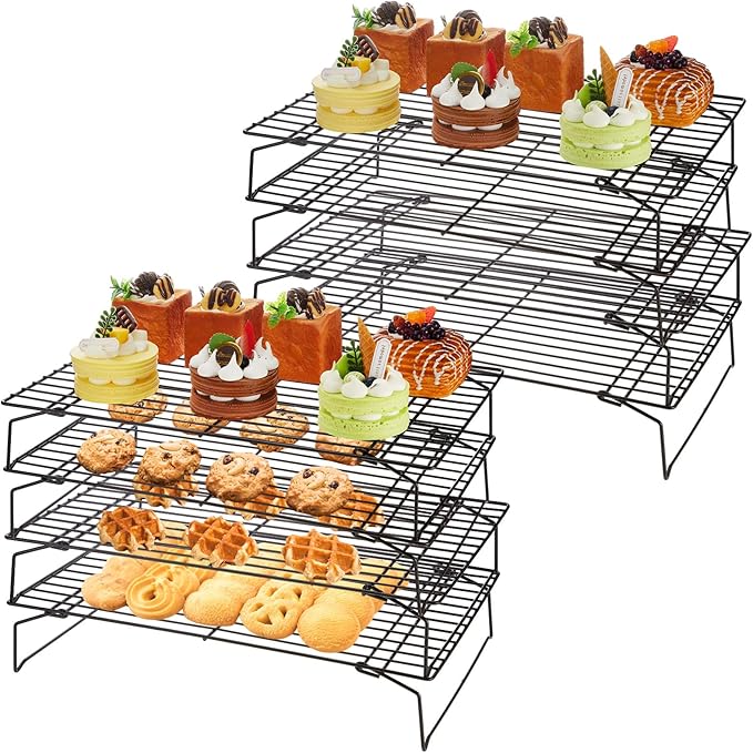 meekoo 2 Pack 4 Tier Cooling Rack Stackable Collapsible Folding Legs Stainless Steel Wire Rack for Baking Cooking Drying Roasting Cookies Bread Meat Oven Use, 16 x 10 Inch