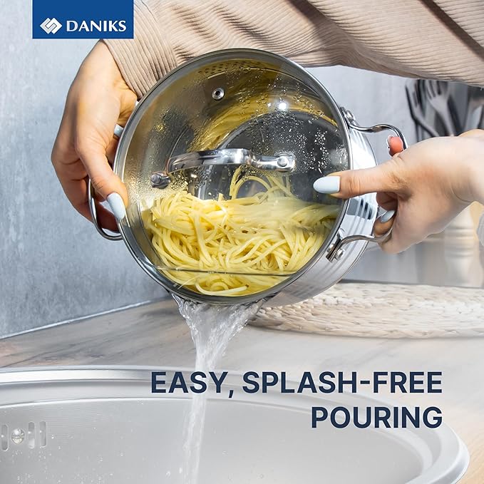 Daniks Tokio Stainless Steel Stock Pot 2 Quart, with Glass Strainer Lid, Induction Ready, Dishwasher Safe, Measuring Scale, Silver