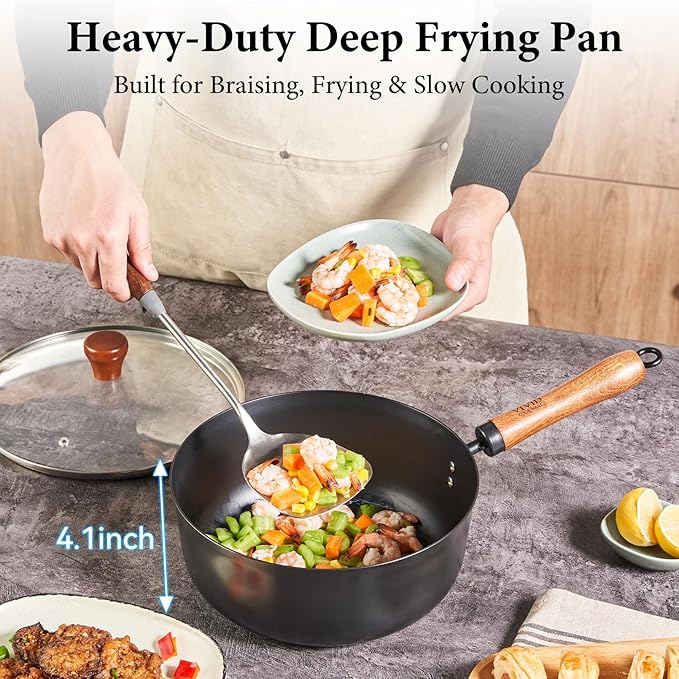 Carbon Steel Wok Pan 9.8", 4QT Deep Wok with Lid, Flat Bottom Wok Pan with Wooden Handle for Stir Fry, Soup, Braising & Noodles, Uncoated Carbon Steel Pan for Gas, Electric & Induction