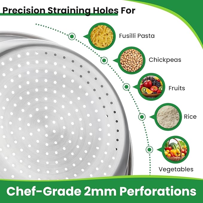 Hands-Free 304 Stainless Steel Strainer and Colander with Self-Draining Base, Kitchen Microporous Strainers for Rice Pasta Fruits and Vegetables