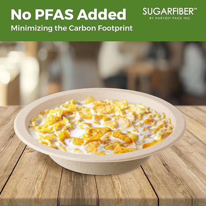 [50 Count] Harvest Pack PFAS Free 12oz Round Paper Compostable Bowls, Heavy-Duty Eco-Friendly Disposable Bagasse Bowls Sugarcane Natural Plant fibers for Meal Prep Takeout Dinnerware