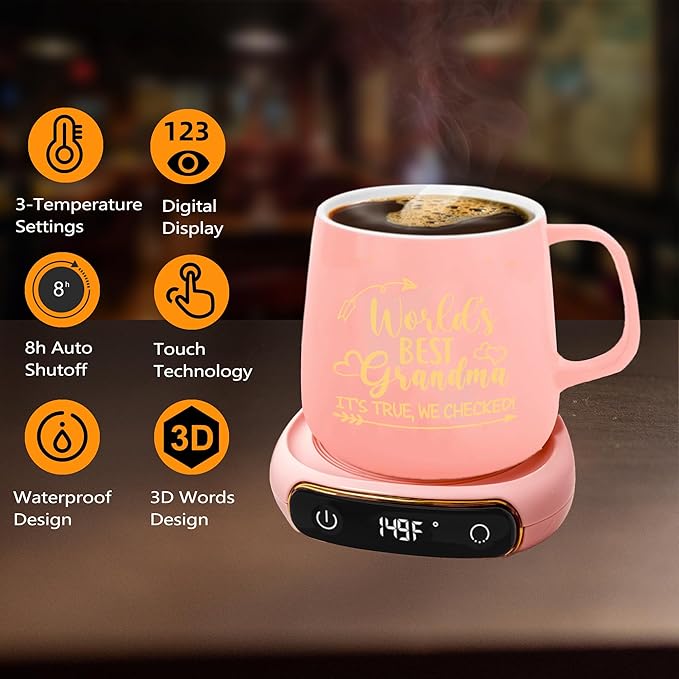 Gifts for Grandma, Christmas Grandma Gifts from Grandkids Coffee Mug Warmer & Grandma Mug, Auto Shut Off Smart Warmer Coaster, Smart Electric Beverage Warmer for Coffee, Tea Gift for Birthday