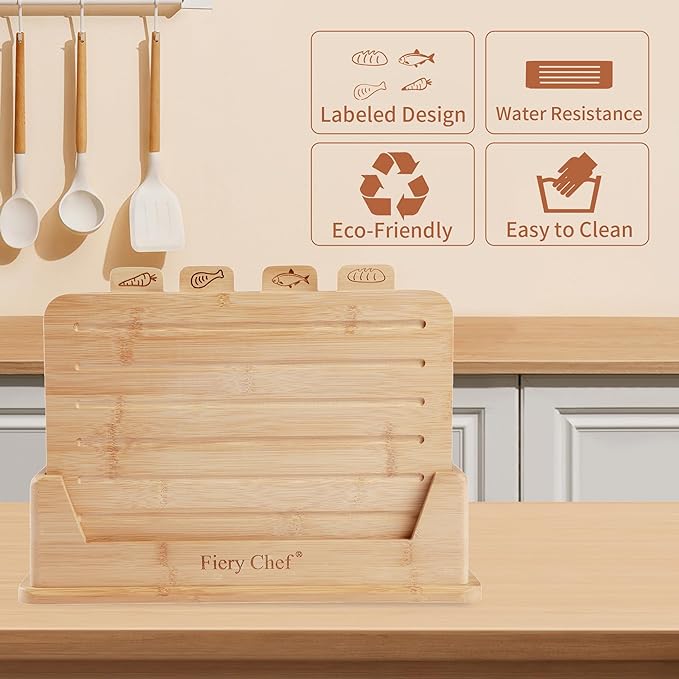 12.6"L x 9"W Bamboo Cutting Board Set of 4 - Wood Cutting Board Set with Holder, Chopping Boards Set with Food Icons, Juice Groove - Ideal for Meat, Fish, Bread, Vegetable, Fruit Chopping