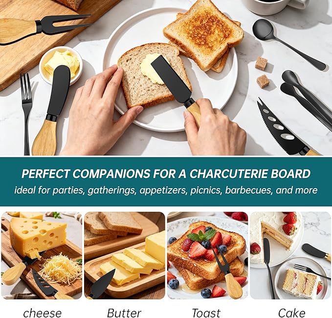 Charcuterie Boards Accessories Bowls, Cheese Knife Set Mini Butter Spreader, Serving Tongs, Forks, Spoons, Dipping Bowls with Lids, Toothpick Flags, Honey Dippers For Party Platter Making (Black)