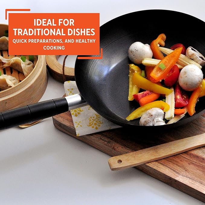 IMUSA 9.5in Carbon Steel Nonstick Wok with Cool Touch Handle, Black