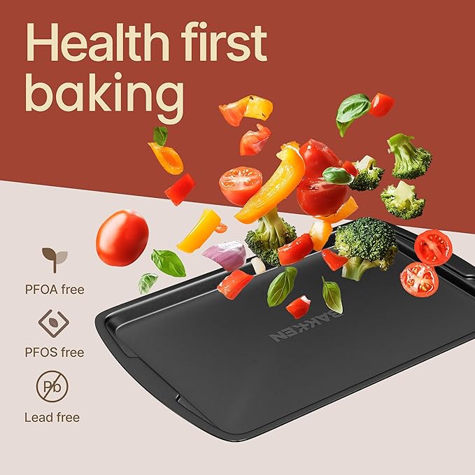 Bakken Swiss Cookie Sheet 3 Piece Set - Non-Stick, Stackable Baking Pans, Gray Deluxe Ceramic Coating – Dishwasher Safe - for Home Baking