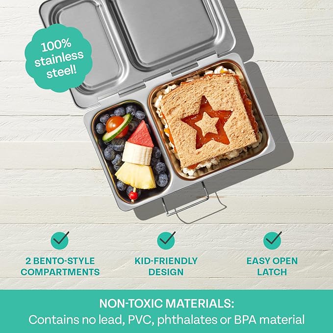 PlanetBox Shuttle Stainless Shuttle Bento Box Style Lunch Box for Kids with 2 Compartments – Durable, Dishwasher Safe & BPA-Free Food Container
