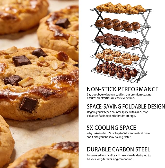 5-Tier Stackable Cooling Rack for Baking, Collapsible Wire Cookie Rack with Adjustable Heights, Non-Stick Roasting & Drying Rack for Cupcakes, Pies and Pastries, Space-Saving Kitchen Essential