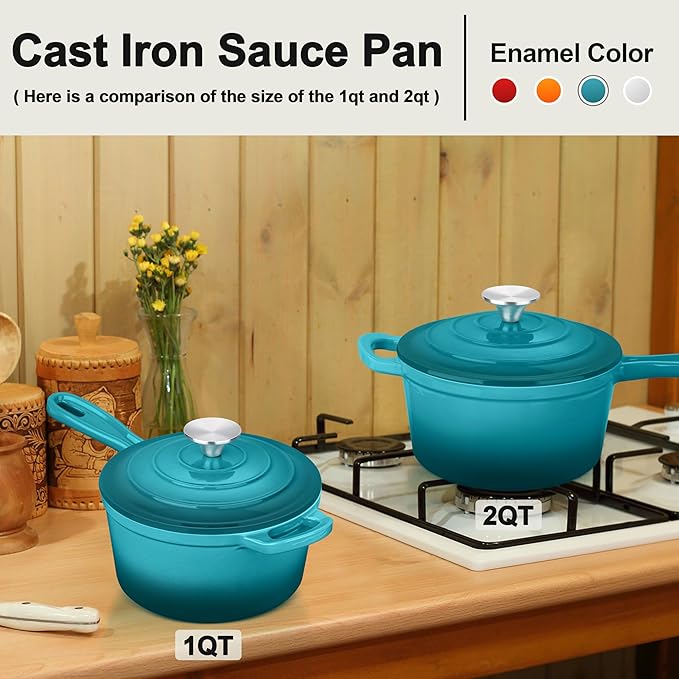 Enameled Cast Iron Sauce Pan with Lid, Leonyo 2 Quart Saucepan with Lid, Enamel Cast Iron Pot Dutch Oven Kitchen Cookware for All Cooktops Cooking Soup, Milk - Up to 500°F & 6.7Lbs, Lake Green