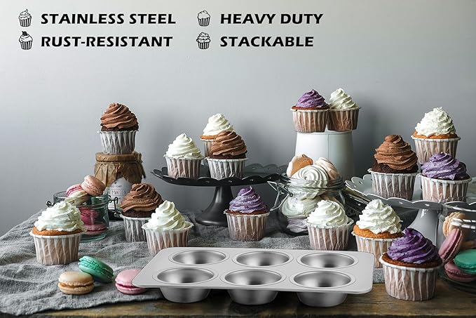 Leonyo 6-Cup Cupcake Pan, Stainless Steel Standard Size Cupcake Pans Tray for Baking, Metal Non-Toxic Muffin Tins, Dishwasher Oven Safe
