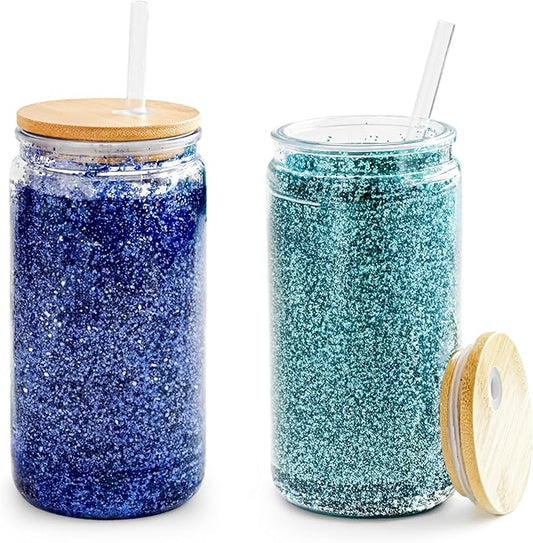 2 Pack Acrylic Snow Globe Tumbler with Bamboo Lids and Straws 16 oz Plastic Snowglobe Tumbler with Pre Drilled Hole Clear Double Wall Snowglobe Cups for Snow Globe Glitter DIY