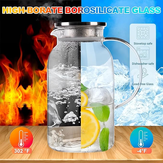 Glass Pitcher with Lid, 1.8Liter 62 oz Glass Carafe for Hot/Cold Water, Tea Pitcher with Scale, Suitable for Coffee, Juice and Homemade Drinks