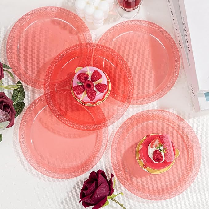 WELLIFE Neon Red Party Plates 7 Inch -150 Count, Translucent Red Plastic Disposable Dessert Plates for New YearFluorescent Neon Theme Party Cake Salad Appetizers Easter Mother's Day