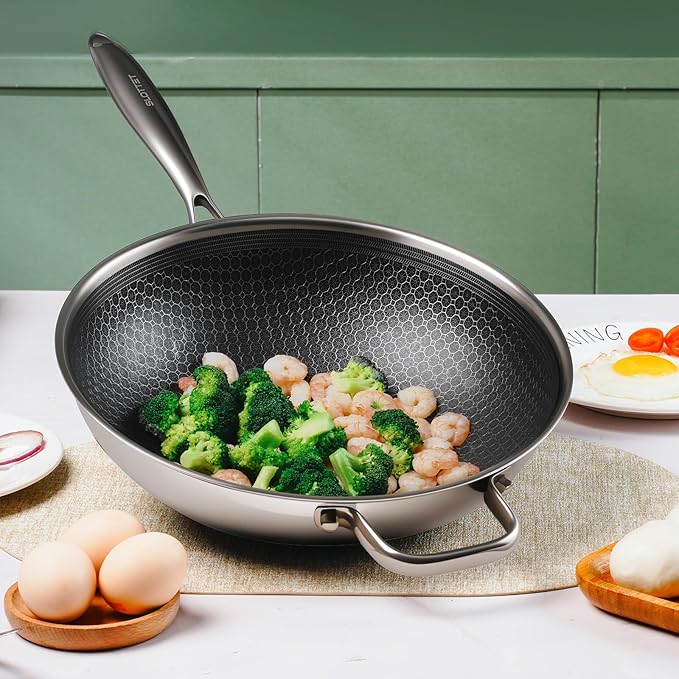Hybrid 12-Inch Wok with Steamer,Nonstick Stainless Steel Woks & Stir-fry pans with Lid,Stay-Cool Handle,PFOA Free Cookware,Dishwasher and Oven Safe, Works on Induction