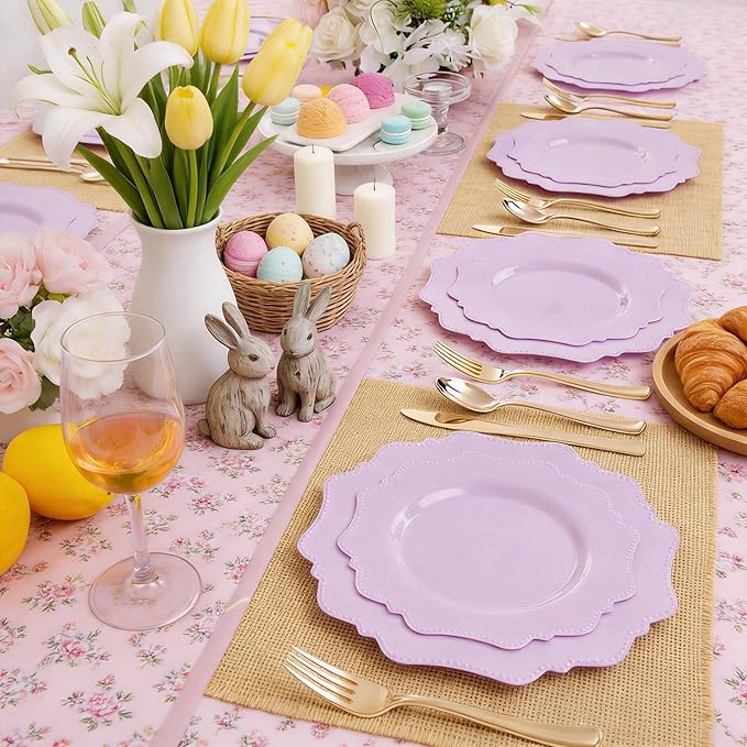 COLOSUS 60Pcs Lavender Purple Plastic Plates set,Heavy Duty Purple Disposable Plates include 30 Dinner plate 10.5” and 30 Salad/Dessert Plate 8.25” for Party and wedding