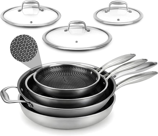 NutriChef 7-Piece Tri-Ply Stainless Steel Frying Pan Set & Wok – Nonstick, Induction Compatible, Oven Safe, Scratch-Resistant, Dishwasher Safe