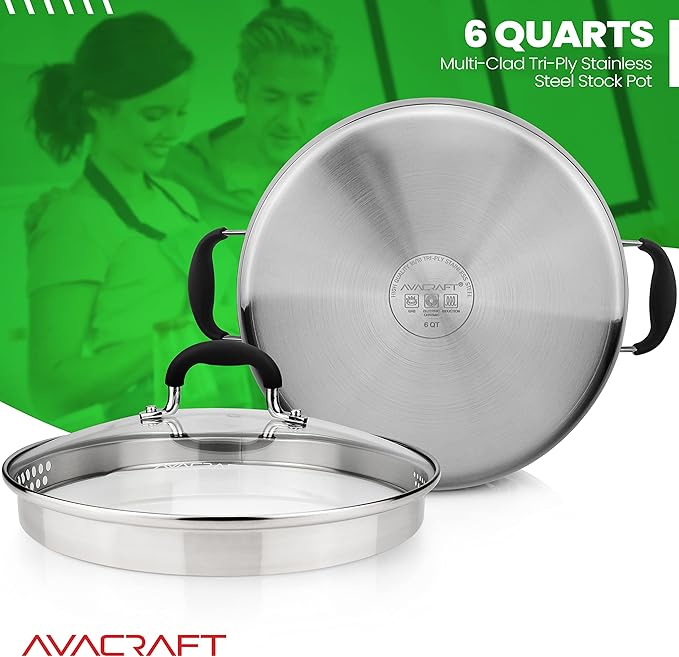AVACRAFT Tri-Ply Stainless Steel Stockpot with Glass Strainer Lid, Side Spouts, 6 Quart Pot, Multipurpose Stock Pot, Sauce Pot (Tri-Ply Full Body, 6QT)
