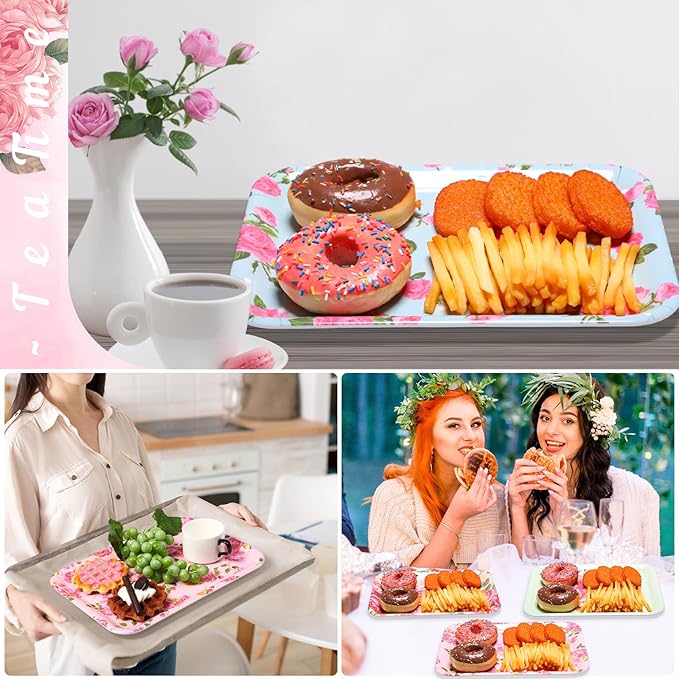 4 Pcs Melamine Serving Trays Platters Snack Trays Reusable Rectangle Platters for Sports Game Day Flower Tea Party Food Dessert Cookies Serving Plates Supplies, 13 x 9.7 Inch(Flower)