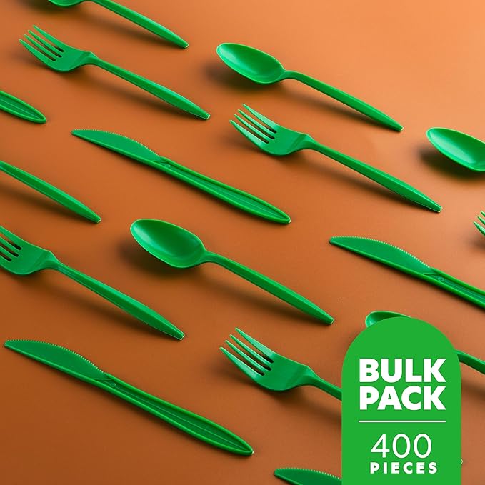 PLASTICPRO 400 Pack Disposable Christmass Green Cutlerys Plastic Utensils Assorted Colored Cutlery Combo Set Forks Spoons Knives Silverware, Green Plastic Cutlery for Parties