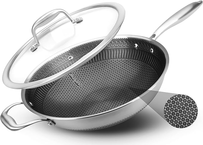 NutriChef 12" Stainless Steel Wok - Induction ready, Non Stick Tri-ply technology, Scratch-resistant Honeycomb Fire Textured Pattern