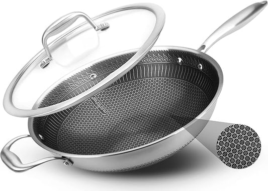 NutriChef 12" Stainless Steel Wok - Induction ready, Non Stick Tri-ply technology, Scratch-resistant Honeycomb Fire Textured Pattern