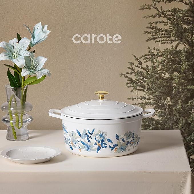 CAROTE 7QT Cast Iron Dutch Oven Pot with Lid, Enameled Floral Dutch Ovens with Cotton Potholders & Oven Gloves, Versatile Heavy-Duty Cookware for Sourdough Bread Baking, Braising, Stews, All Stovetop Compatible, Oven Safe up to 500° F, White & Blue