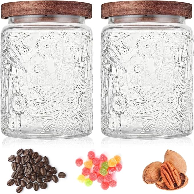 23.7 fl oz Vintage Glass Jar with Wooden Lid, Airtight Decorative Food Storage Canisters for Kitchen Counter & Pantry, Ideal for Candy, Sugar, Coffee,salt, Tea, Cereal, Flour, Oats