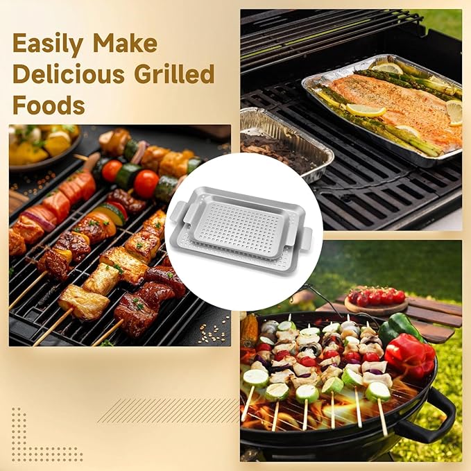 Grill Basket Pan, 2 Pack Grill Pans for Outdoor Grill, Stainless Grilling Food Tray with Grill Tong,BBQ Grilling Baskets Barbecue Accessories for Vegetables, Fish, Meat, and Seafood