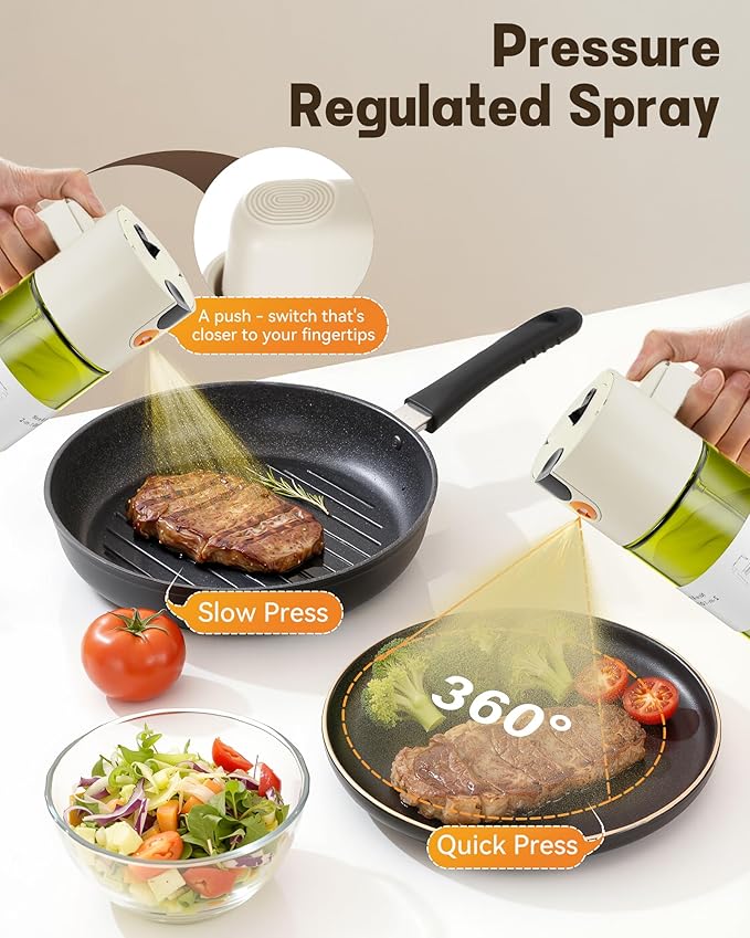 Upgrade 2 in 1 Oil Sprayer for Cooking, 17oz Light-Blocking Glass Olive Oil Dispenser Bottle for Kitchen,Food-Grade Oil Mister with 8 Stickers for Salad, Frying (Green Bottle-White Gap)