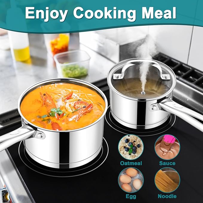E-far Stainless Steel Saucepan with Lid Set - 1QT & 2QT, Triply Sauce Pan Induction Pot for Cooking, Boiling, Compatible with All Stoves, Visible Lid, Healthy & Non Toxic, Oven & Dishwasher Safe