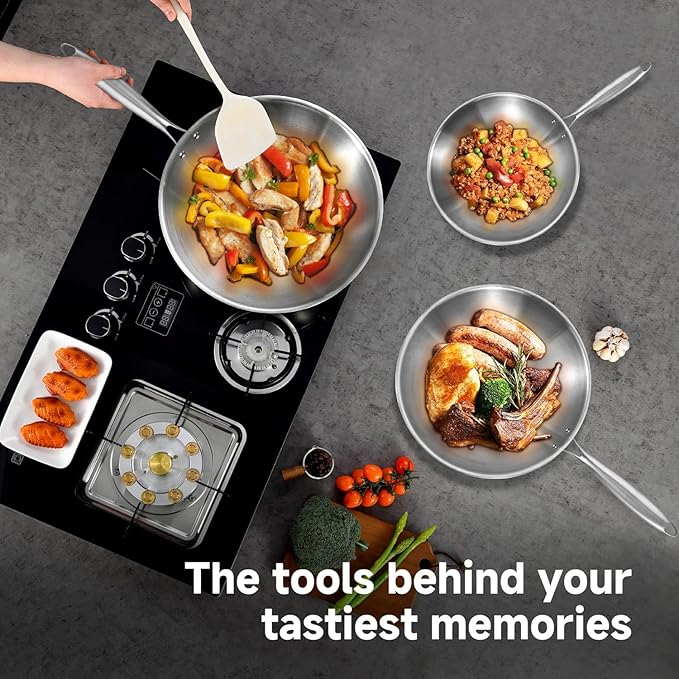Inqibee 11 Inch Stainless Steel Wok Pan with Lid, Tri-ply Stainless Steel Frying Pan, Stir-Fry Pans & PFOA-Free Woks, Induction Compatible, PFOA Free, Dishwasher & Oven Safe