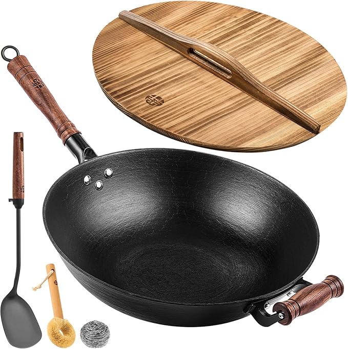 WANGYUANJI Cast Iron Wok Pan with Lid, 12.6 Inch Flat Bottom Uncoated Stir Fry Pan, Traditional Chinese Hand-Cast Deep Iron Pot for Electric Induction & Gas Stoves, Heavy Duty Cookware