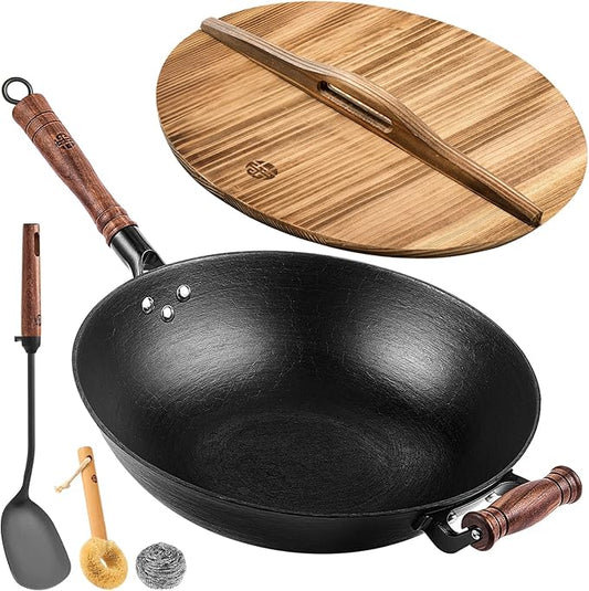WANGYUANJI Cast Iron Wok Pan with Lid, 12.6 Inch Flat Bottom Uncoated Stir Fry Pan, Traditional Chinese Hand-Cast Deep Iron Pot for Electric Induction & Gas Stoves, Heavy Duty Cookware