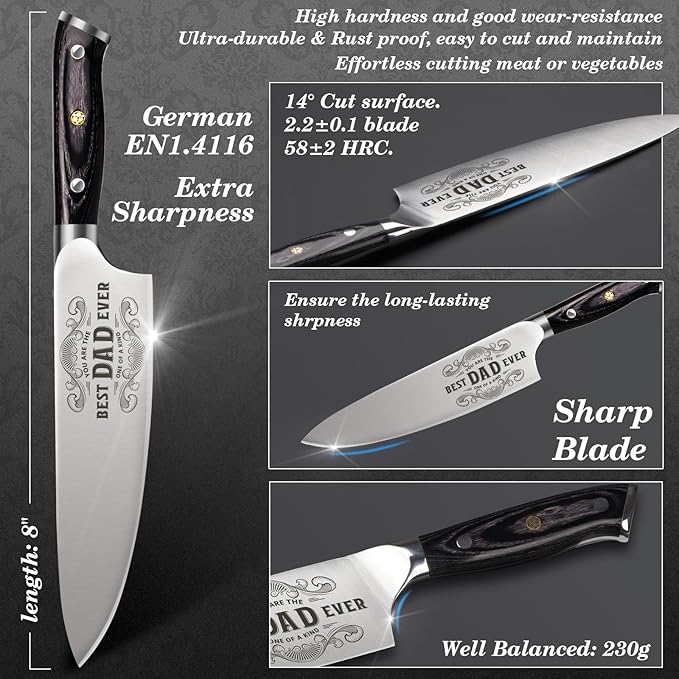Gift for Dad Men, Dads Gifts for Dads, Dad Birthday Gift from Daughter Son Kids, 8 inch Pro German 1.4116 Chef Knife, Kitchen Knife Gift Set for Best Easter Dad Father Gifts