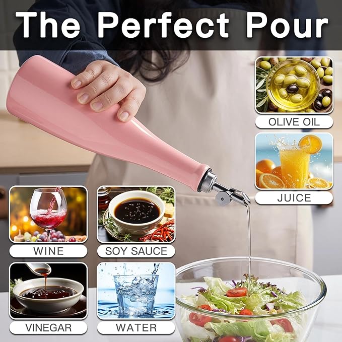 YOLIFE Olive Oil Dispenser Bottle, 16oz Ceramic Oil Dispenser for Kitchen, Oil Bottle with Gravity Spout, Leak Proof EVOO Dispensing Bottle with 2 Spouts and 1 Funnel for Vinegar, Juice(Pink)