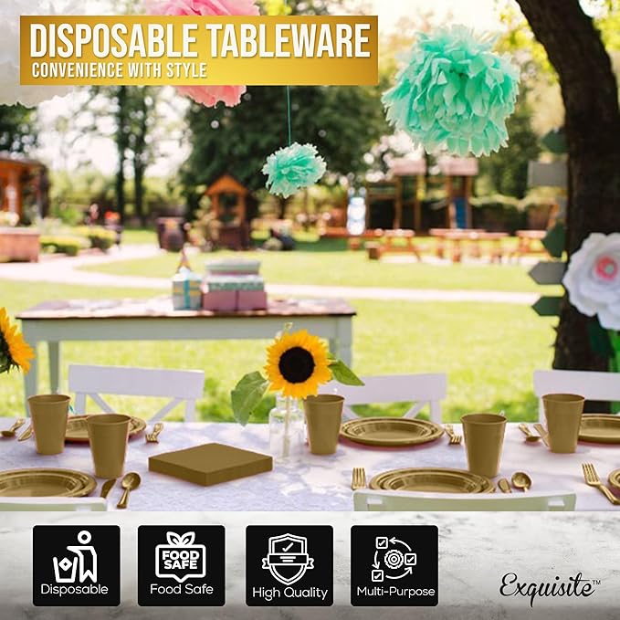 350 Pcs Gold Plastic Plates For Party, Gold Disposable Plates Set, 50 Of Each 9" Dinner Plate Set, 7" Dessert Plate, Cups, Napkins & Cutlery Plastic Dinnerware Set Exquisite