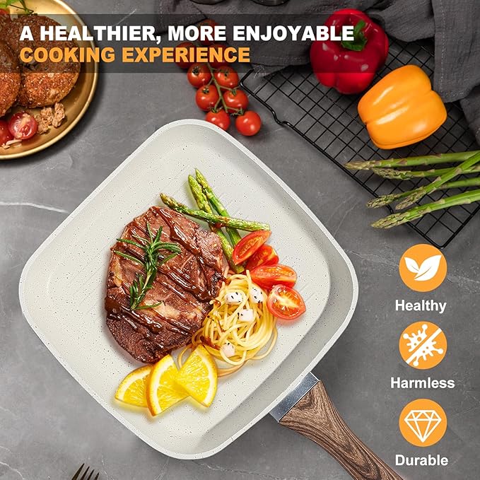 OLIXIS Nonstick Frying Pan Skillet Set, 3 Piece Square Grill Pans for Indoor Outdoor RV Camping Cooking, PFOA Free Skillet Set with Stay Cool Handle, Compatible with All Stovetops (9.5" 10" 11") White