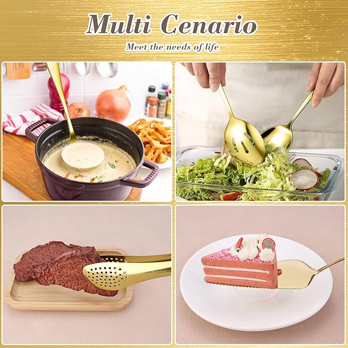 10 PCS 18/8 Gold Stainless Steel Heavy Duty Serving Utensils Set for Parties, Kitchen Serving Tools-Serving Spoons, Slotted Spoons, Serving Forks Tongs Soup Ladle, Cake Pie Server for Buffet, Wedding