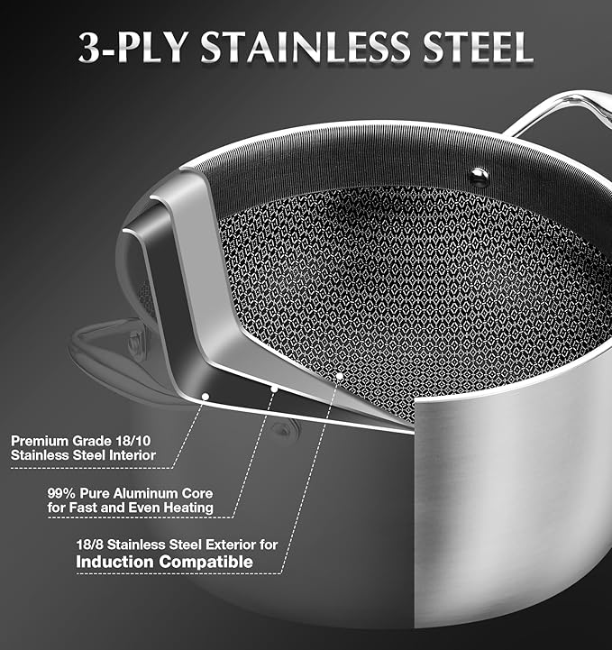 KOCH SYSTEME CS Triply Stainless Steel Pot 6 Quart, Nonstick Hybrid 18/10 Stainless Steel Stock Pot with Lid, Nonstick Cooking Pots with Honeycomb Interior, Compatible with All Cooktops, Oven Safe