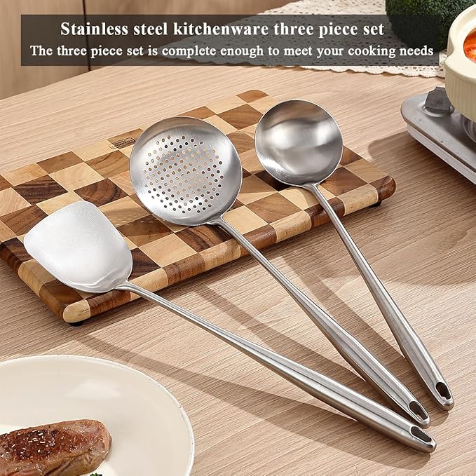 Berglander Wok Spatula Set, Stainless Steel Kitchen Cooking Utensils - 17" Wok Tools: Spatula, Ladle, Skimmer
