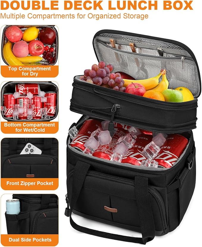 Lunch Box For Men Women Double Deck Insulated Lunch Bag For Men Woman Leakproof Expandable Cooler Bag with Adjustable Shoulder Strap for Kids Shool Work Picnic Camping(Black,Large)