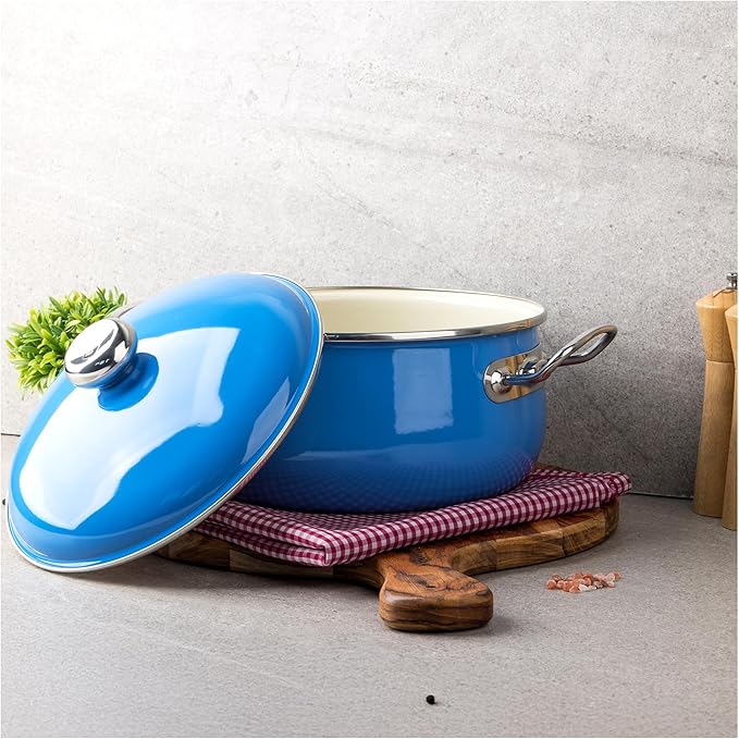 VITA 6-Quart Dutch Oven (Blue) with Lid for All Stove Tops (Enamel on Steel) Dishwasher & Oven Safe up to 500 ℉ - Quick & Even Heat Distribution - Enameled Interior is Non-Reactive & Easy to Clean