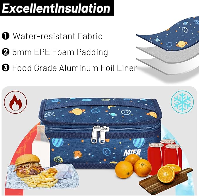 MIER Small Lunch Bag for Kids & Adults Compact Insulated Lunch Box Portable Thermal Mini Cooler for Work School Travel, Planet