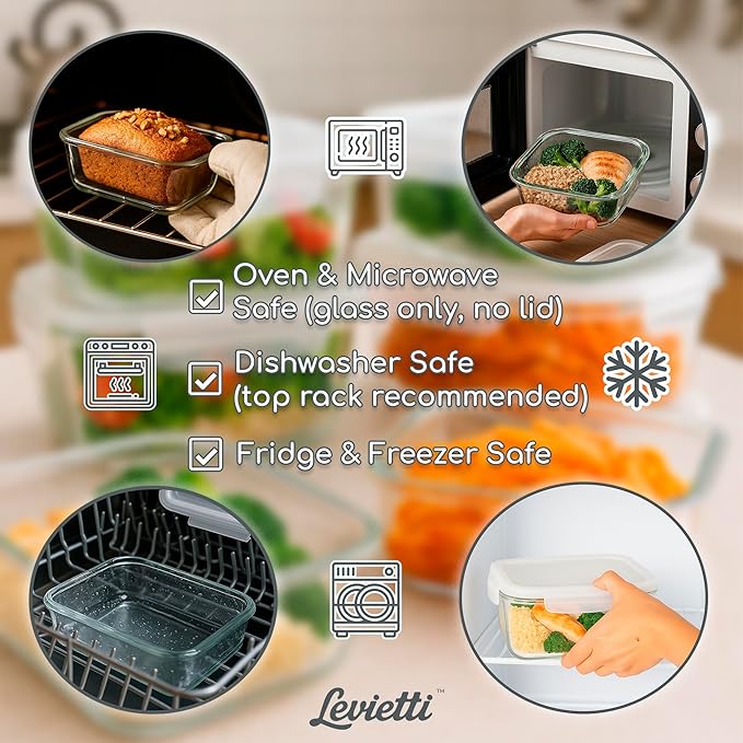 Levietti 2-Pack Borosilicate Glass Containers with Lids 35oz (1040ml) Airtight Leakproof Glass Food Storage for Leak-Free Fresh Meals, Leftovers, BPA-Free Locking Clips - Oven/Microwave/Freezer Safe