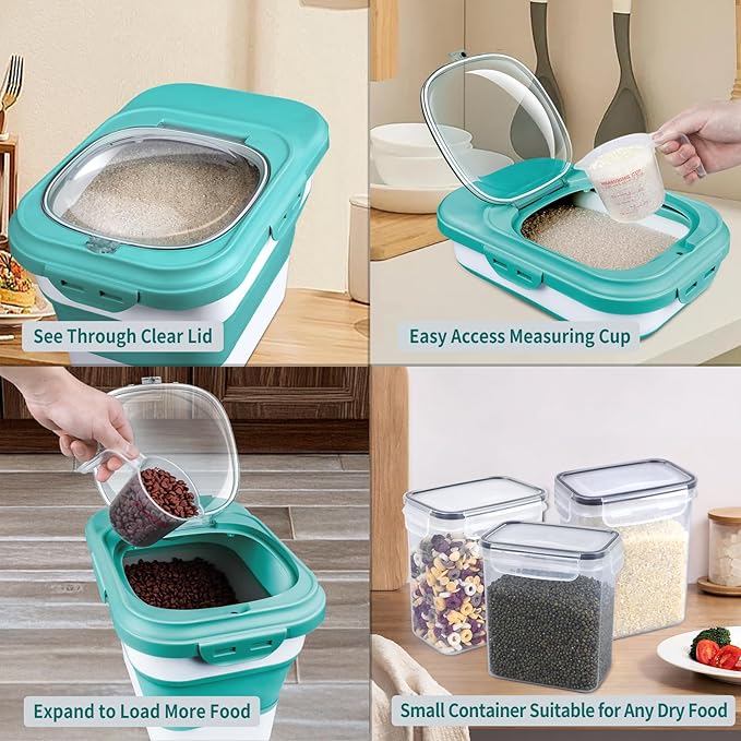 Rice Storage Container, Collapsible Airtight Food Storage Containers 6-20 Lbs, Rice Dispenser with Measuring Cup and Small Bin for Flour Cereal Pasta Grain, Cat Pet Dog Bird Food Container