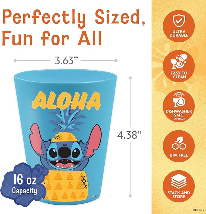 Disney Reusable Plastic Cups – 4 Pack 16 oz Plastic Drinking Glasses with Mickey, Stitch, Pooh, or Disney100 Designs – BPA-Free, Stackable, Top Rack Dishwasher Safe Tumblers for Water, Juice & More