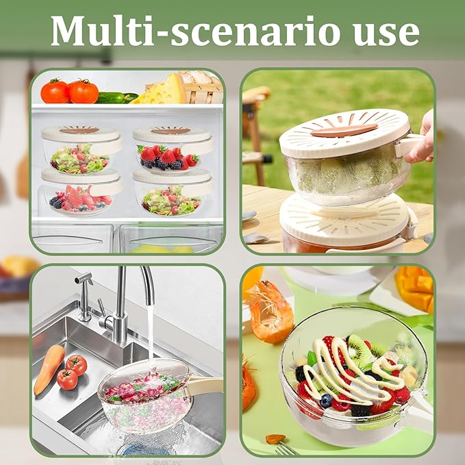 2 Pcs Fruit Vegetable Washing Bowl with Strainer,2.85QT+1QT Multipurpose Drain Basket with Lid & Foldable Handle,Fruit Strainer Container for Kitchen,Fridge,Picnics,Apartment