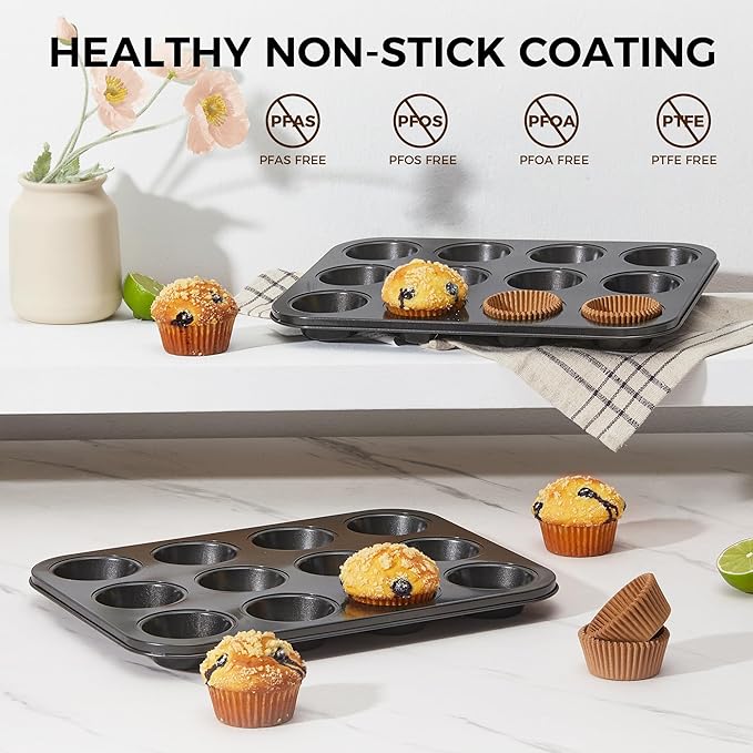 HONGBAKE Muffin Pan with 500 Cupcake Liners, Nonstick Cup Cake Tin for Baking,Premium 12 Cup Cheesecake Trays - Dark Grey