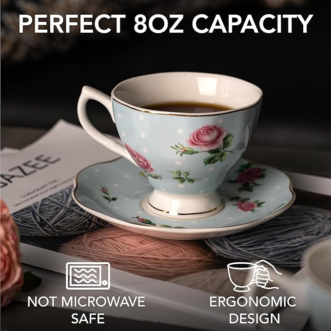 BTaT- Floral Tea Cups and Saucers, Set of 4, 8 oz, Fine Porcelain Teacup Set with Gold Trim for Afternoon Tea, Weddings, Parties & Gifting, Dishwasher Safe, Lightweight, Non-Toxic